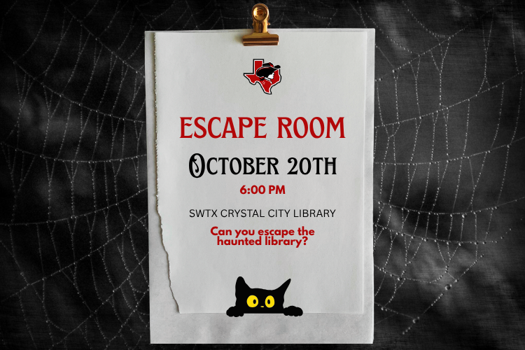 Can you escape the haunted library? Join us at the Crystal City Campus Library on Tuesday, October 20th at 6:00 pm for Library Escape Room.