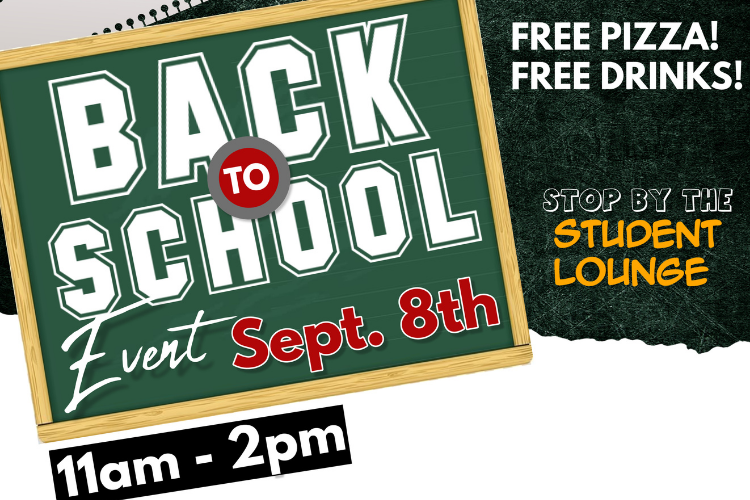 A chalkboard illustration invites Hondo students to a Back to School Pizza and Drinks event on Tuesday, September 8th, from 11 am to 2 pm.