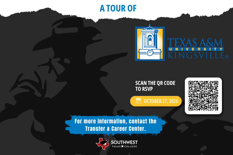 SWTX Cowboys are invited to a campus tour of Texas A&M University-Kingsville on Tuesday, October 27th. Spots are limited, contact your local campus Transfer & Career Center for details.
