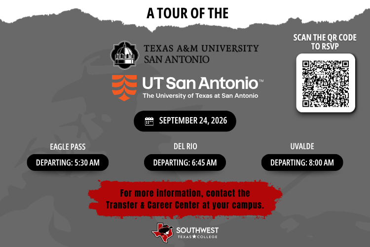 SWTX Cowboys are invited to a campus tour of Texas A&M University-San Antonio and The University of Texas at San Antonio on Thursday, September 24th. Spots are limited, contact your local campus Transfer & Career Center for details.