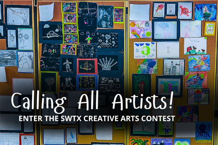 A background of past creative arts entries posted on a cork board with the title Calling All Artists! in white font.