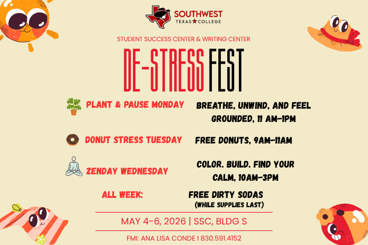 Beach themed items surround a list of daily activities to help student unwind for finals. Students are invited to the De-Stress Fest on Monday, May 4th, through Wednesday, May 6th, at various times.