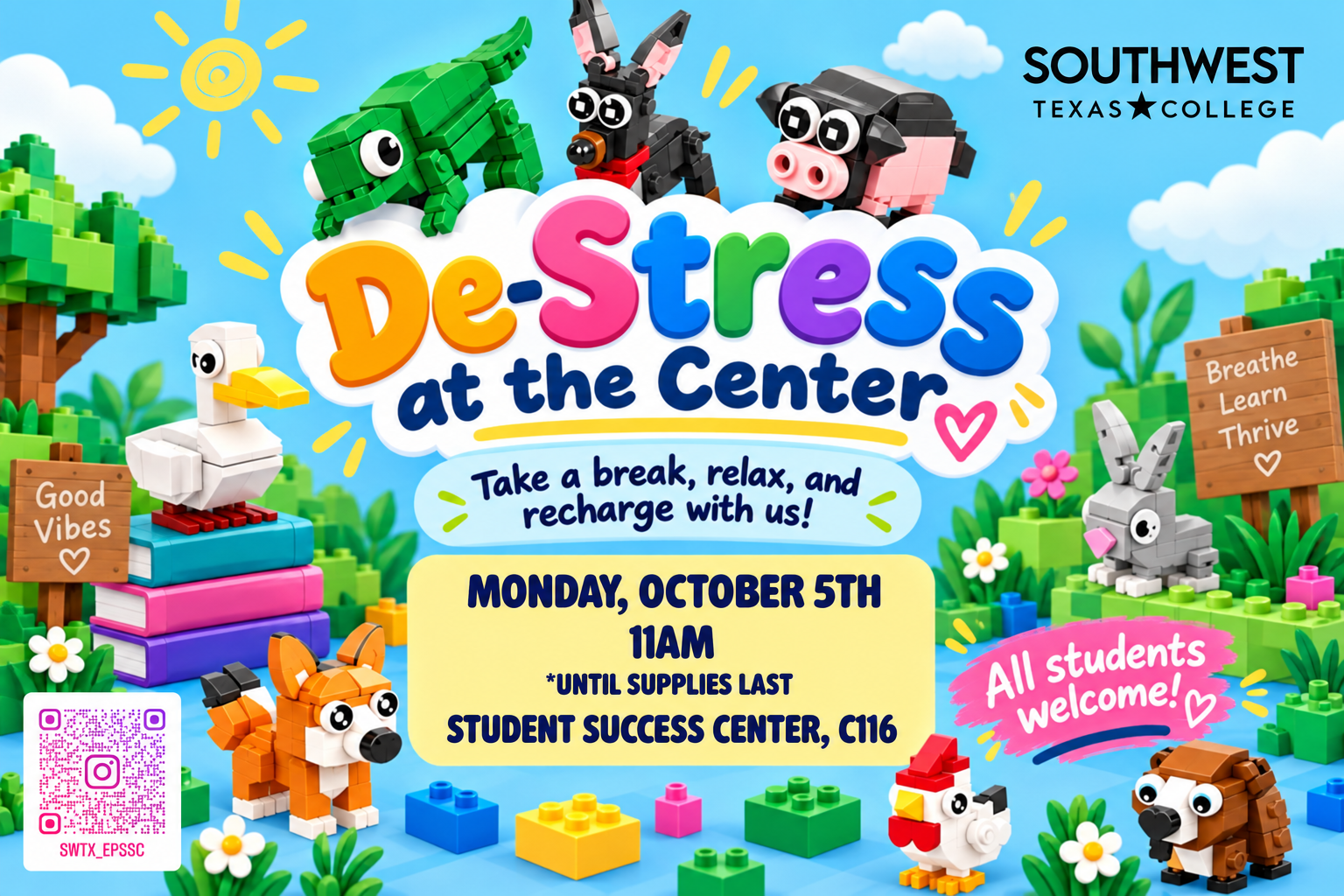 A colorful blue sky background showcases brick-figure animals inviting Eagle Pass students to the Student Success Center on Monday, October 5th for brick-figure making and delicious pizza.