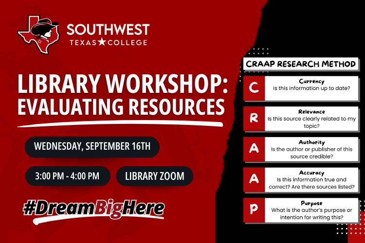 An image of the CRAAP research method on a red background with information on a Library Workshop Session titled Evaluating Resources.