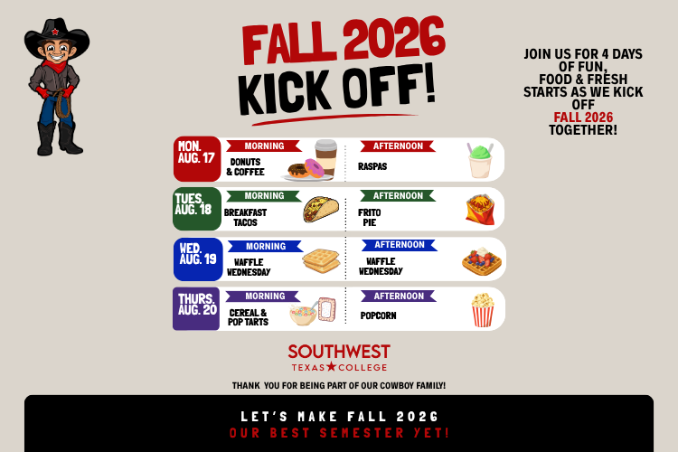 A neutral flyer with Cowboy Tex announcing Fall 2026 Kick Off at the Crystal City campus. Join us Monday, August 17th through Thursday, August 20th for fun, food, and fresh starts!