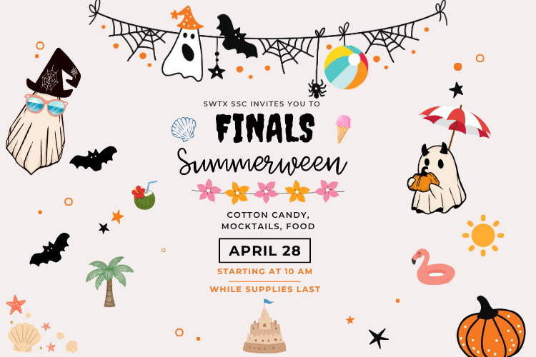 Summer-ready ghosts and bats invite students to Finals Summerween in the Student Success Center on Tuesday, April 28th at 10:00 am. There will be cotton candy, mocktails, and food while supplies last.