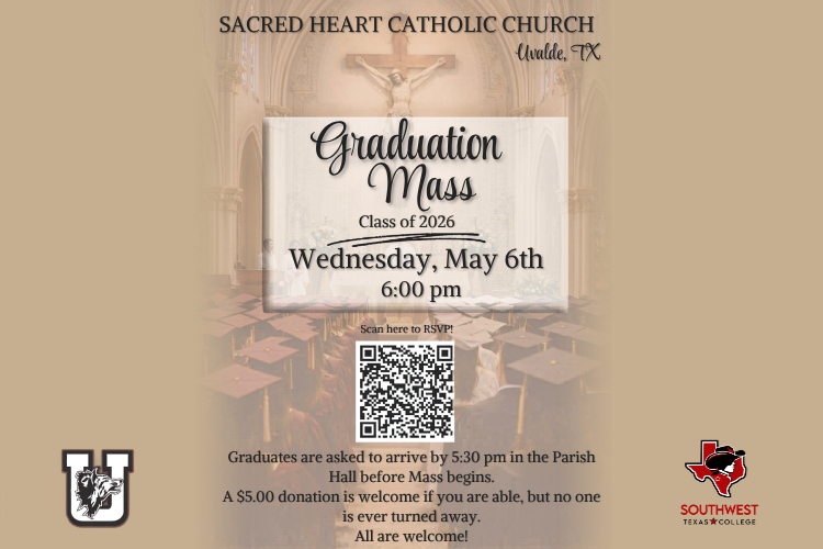 An image of graduates attending a previous graduation mass at Sacred Heart Catholic Church. Information on the banner invites graduates to attend the mass on Wednesday, May 6th, at 6:00 pm.