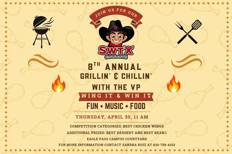 A yellow background with chicken wings outlines invites students to the 8th Annual Grillin' & Chillin' with the VP Wing Cookoff. Competition fun starts at 11:00 am on Thursday, April 30th.