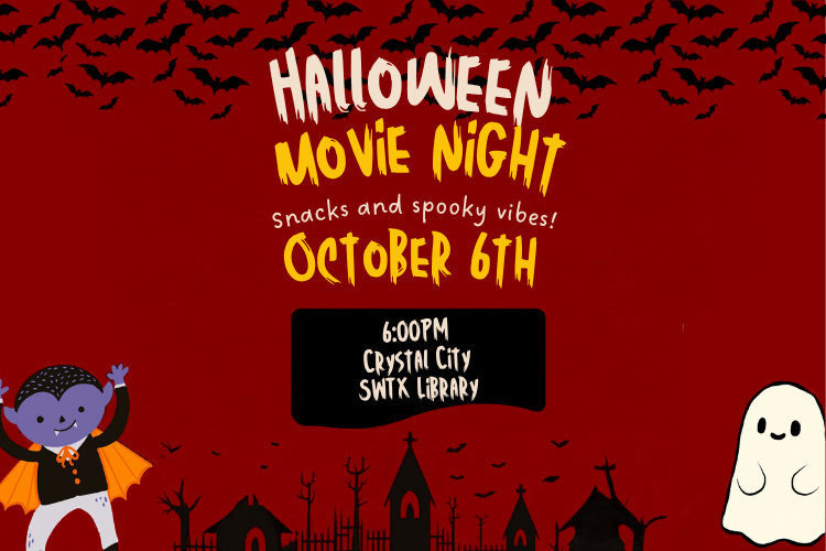 Spooky figures surrounded by bats invite students to the Crystal City Campus Library on Tuesday, October 6th, for Halloween Movie Night. Snacks and spooky vibes will be served up at 6 pm.