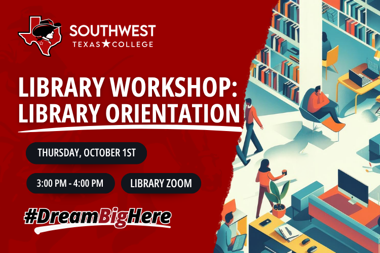 An illustration of a library with information on a Library Workshop Session titled Library Orientation on Thursday, October 1st, via Library Zoom.