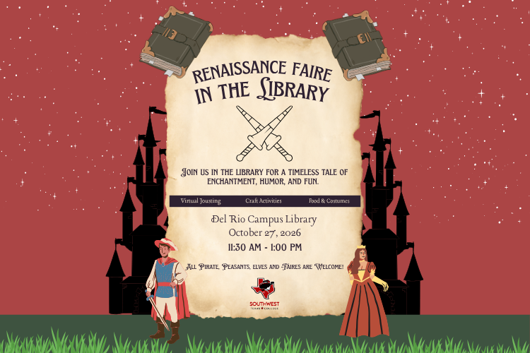 A magical, starlit sky highlights an invitation scroll to the Renaissance Faire in the Del Rio Library on Tuesday, October 27th, at 11:30 am. All are invited to virtual jousting, craft activities, food, and fun costumes.