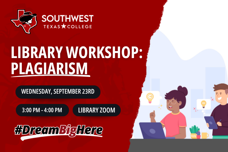 An illustration of copyright plagiarism with information on a Library Workshop Session titled Plagiarism.