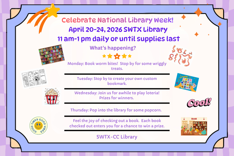 A listing of weeklong events occurring at the Crystal City Campus Library for National Library Week 2026.