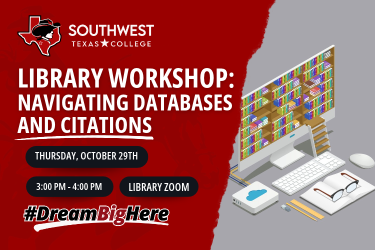 An illustration of a library inside a computer monitor with a keyboard, mouse, and book sitting by the device with information on a Library Workshop Session titled Navigating Databases and MLA/APA Citations on Thursday, October 29th via Library Zoom.