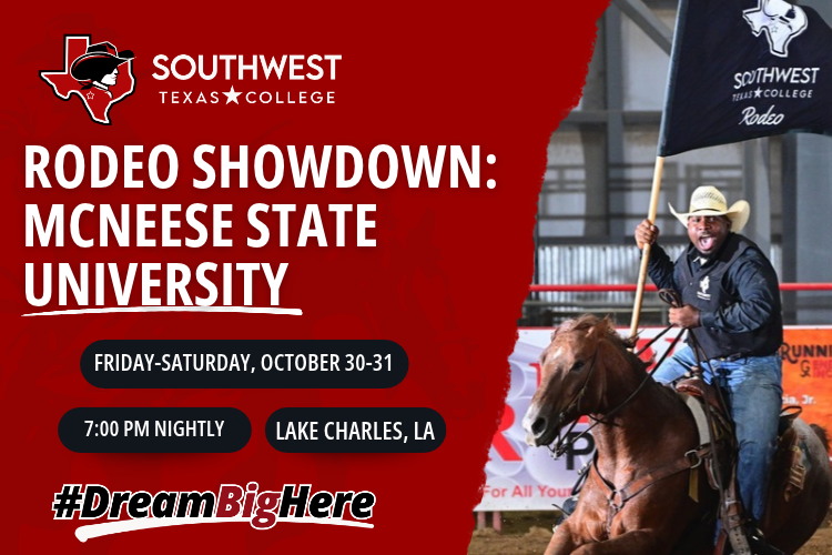 A SWTX rodeo student riding a brown horse carrying a black Southwest Texas College Rodeo flag sits alongside a red background with rodeo competition information for a showdown with McNeese State University.