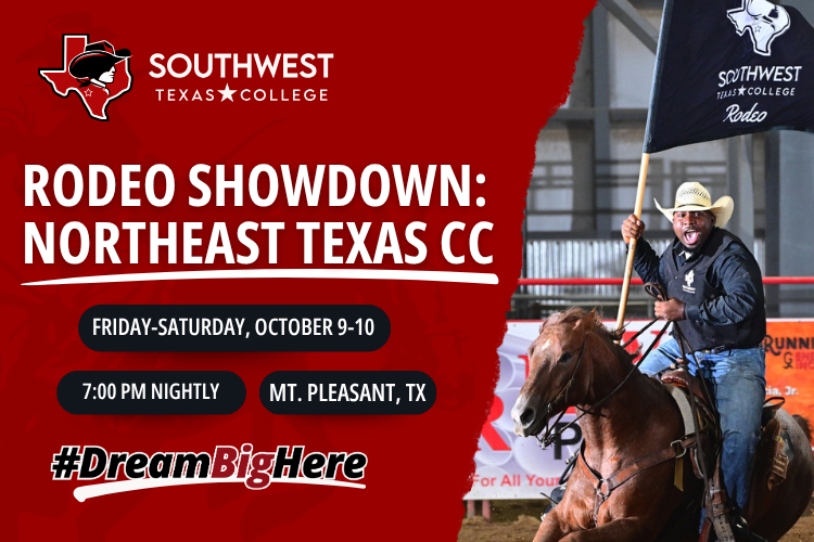 A SWTX rodeo student riding a brown horse carrying a black Southwest Texas College Rodeo flag sits alongside a red background with rodeo competition information for a showdown with Northeast Texas Community College.