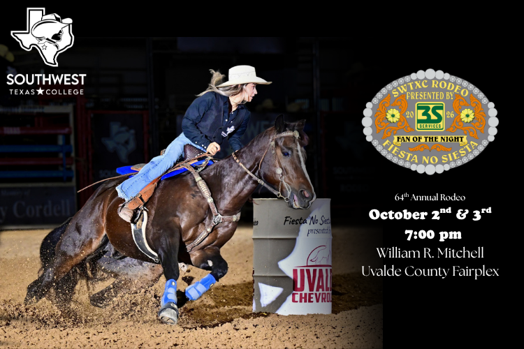 A rodeo barrel racer rides a dark brown horse around a barrel under a spotlight in a dark arena. To the right, the words 64th Annual Rodeo, October 2nd and 3rd at 7:00 pm at the William R. Mitchell Uvalde County Fairplex.