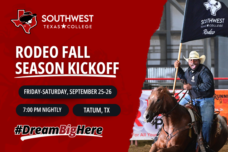 A SWTX rodeo student riding a brown horse carrying a black Southwest Texas College Rodeo flag sits alongside a red background with rodeo competition information for a showdown with Panola College.