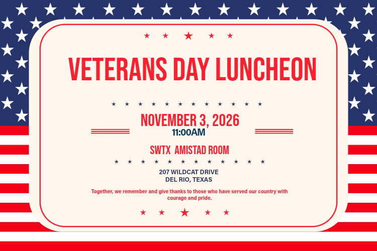 A flag background with bold, red font invites veterans to a Veterans Day Luncheon on Tuesday, November 3rd at 11:00 am in the Amistad Room.