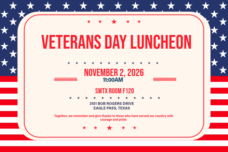 A flag background with bold, red font invites veterans to a Veterans Day Luncheon on Monday, November 2nd at 11:00 am in Room F-120.