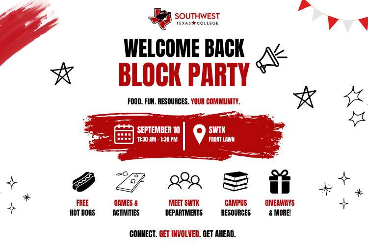A red, black, and white themed banner invites Del Rio students to the Welcome Back Block Party. Join your campus community on Thursday, September 10th, at 11:30 am for food, fun, and resources!