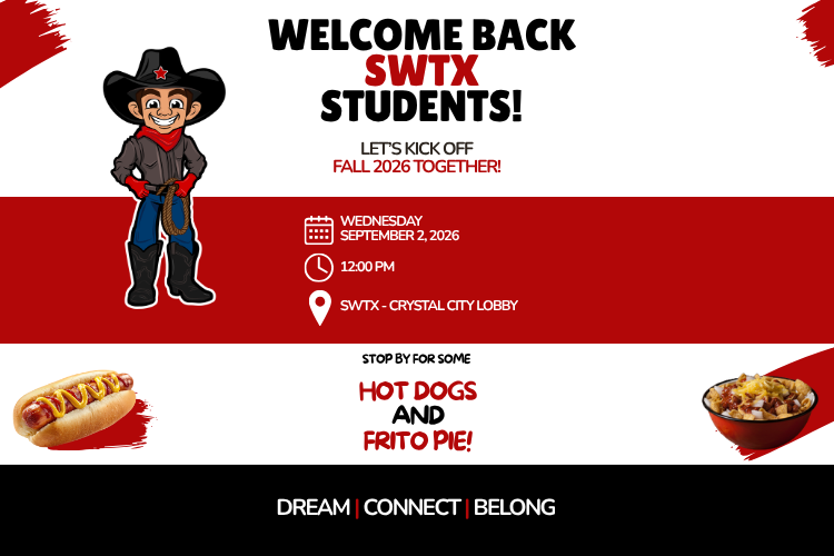 Mascot Tex welcomes Crystal City students back to campus. Students are invited to stop by for hot dogs and Frito pie on Wednesday, September 2nd at 12:00 pm at the campus lobby.